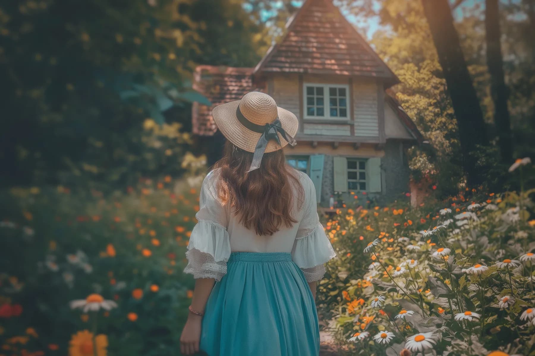Vintage Style Woman Walking in Garden