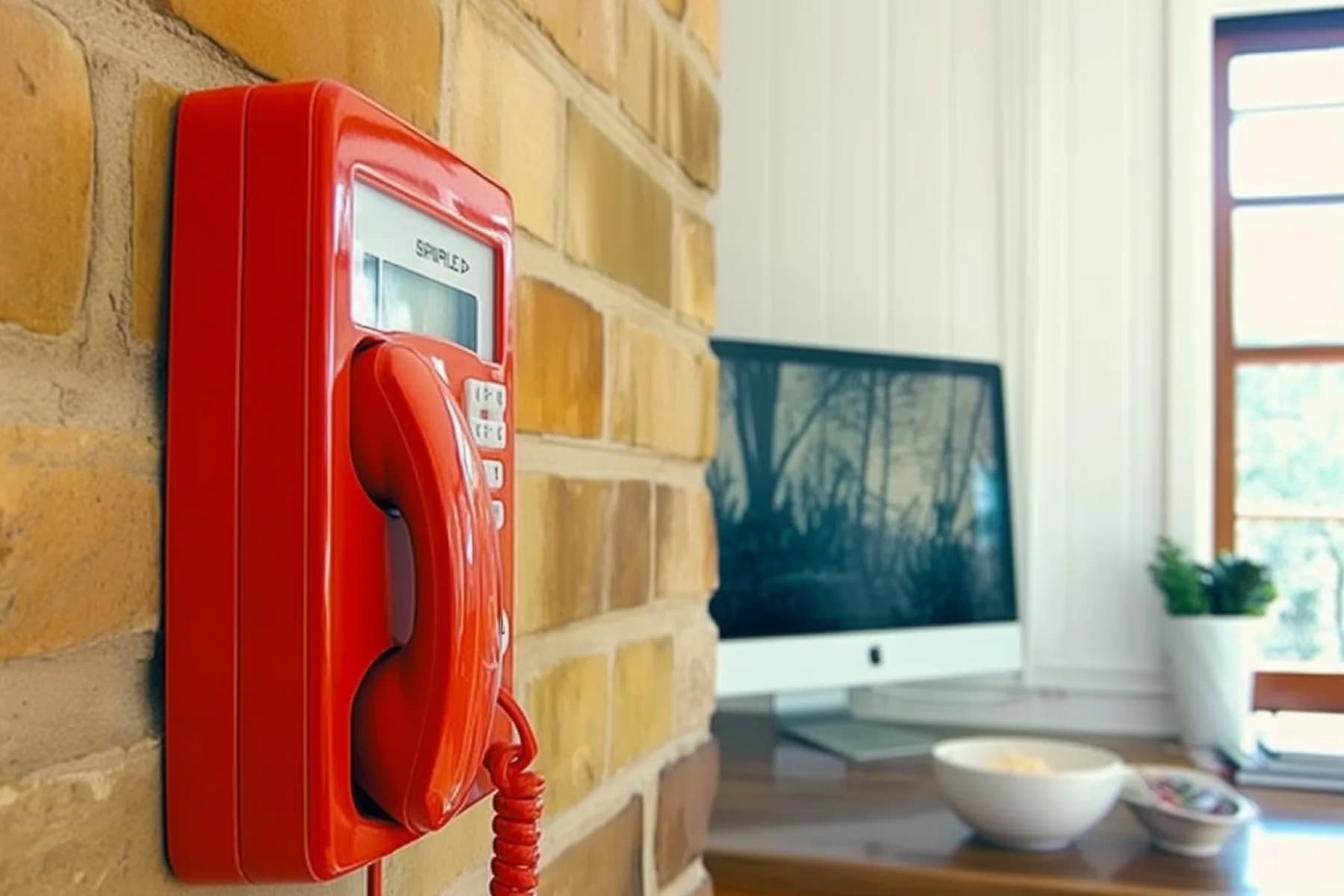 Retro-Modern Workspace with Red Telephone