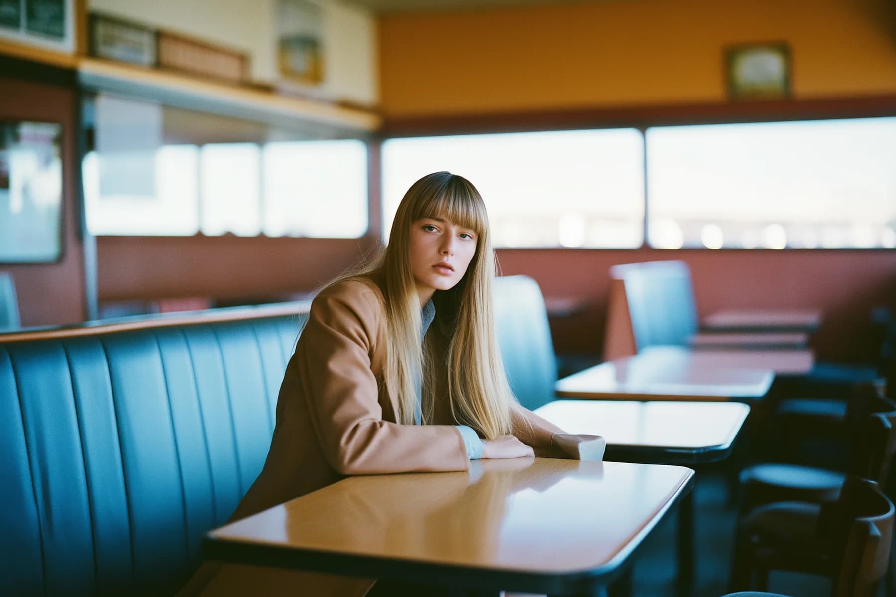 Contemplative Woman in Retro Diner