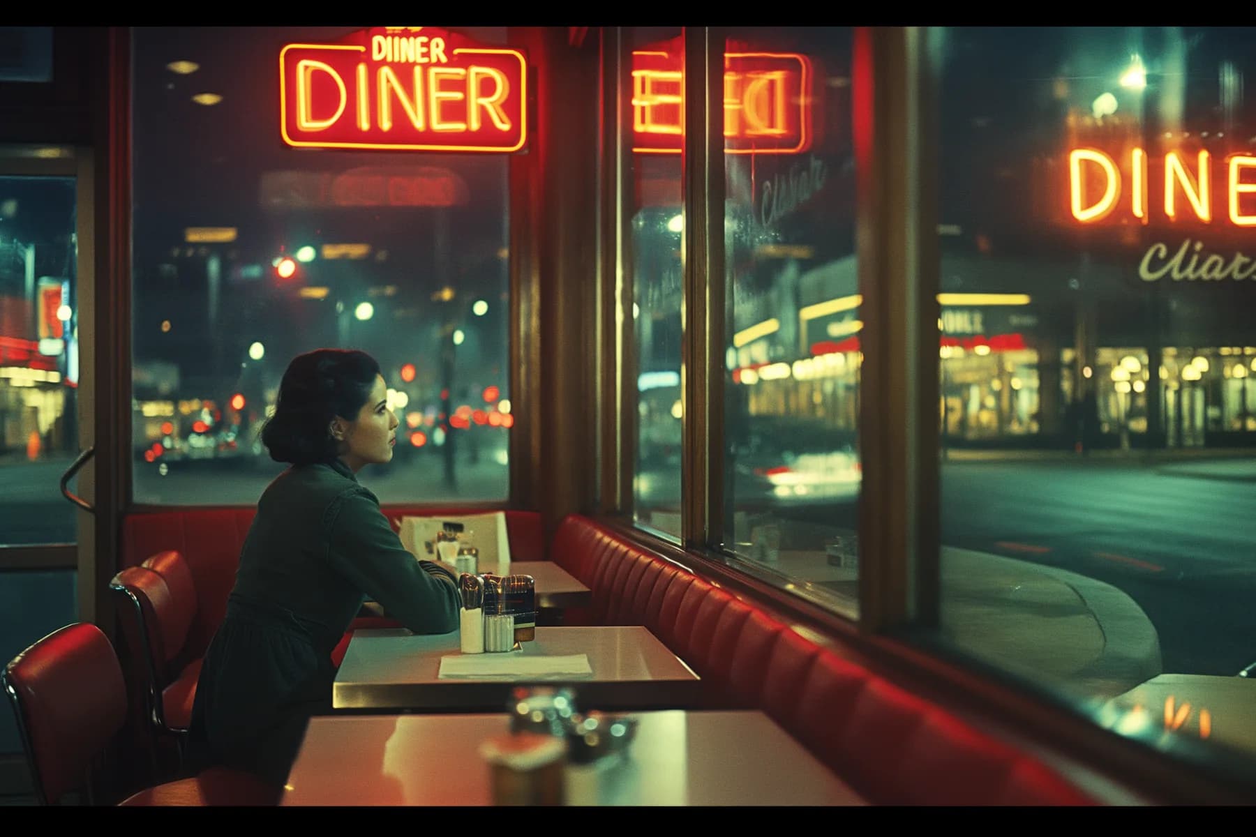 Contemplative Woman in Diner at Night